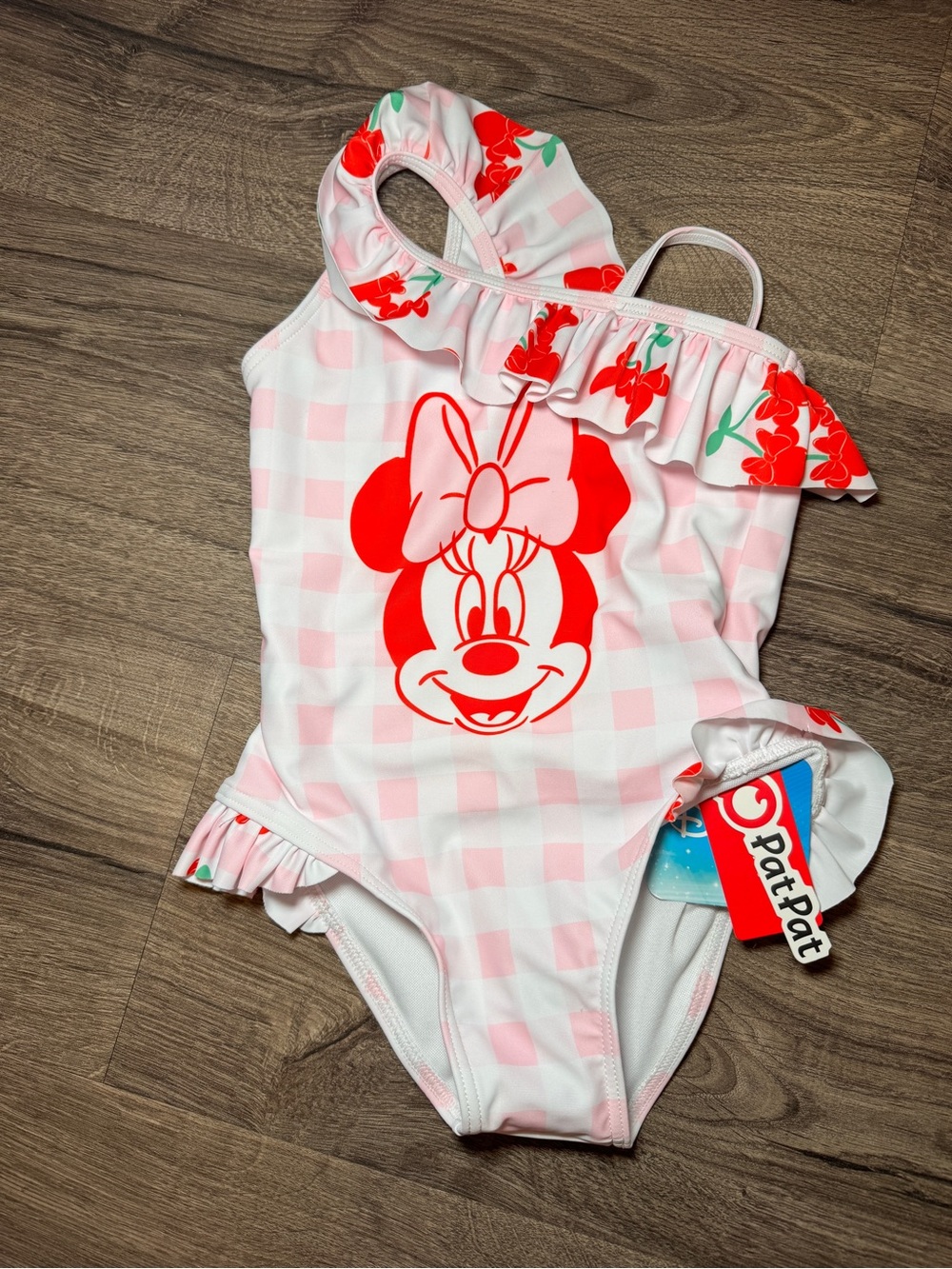 PatPat Pink and Red Minnie One-Shoulder Girls' Swimsuit